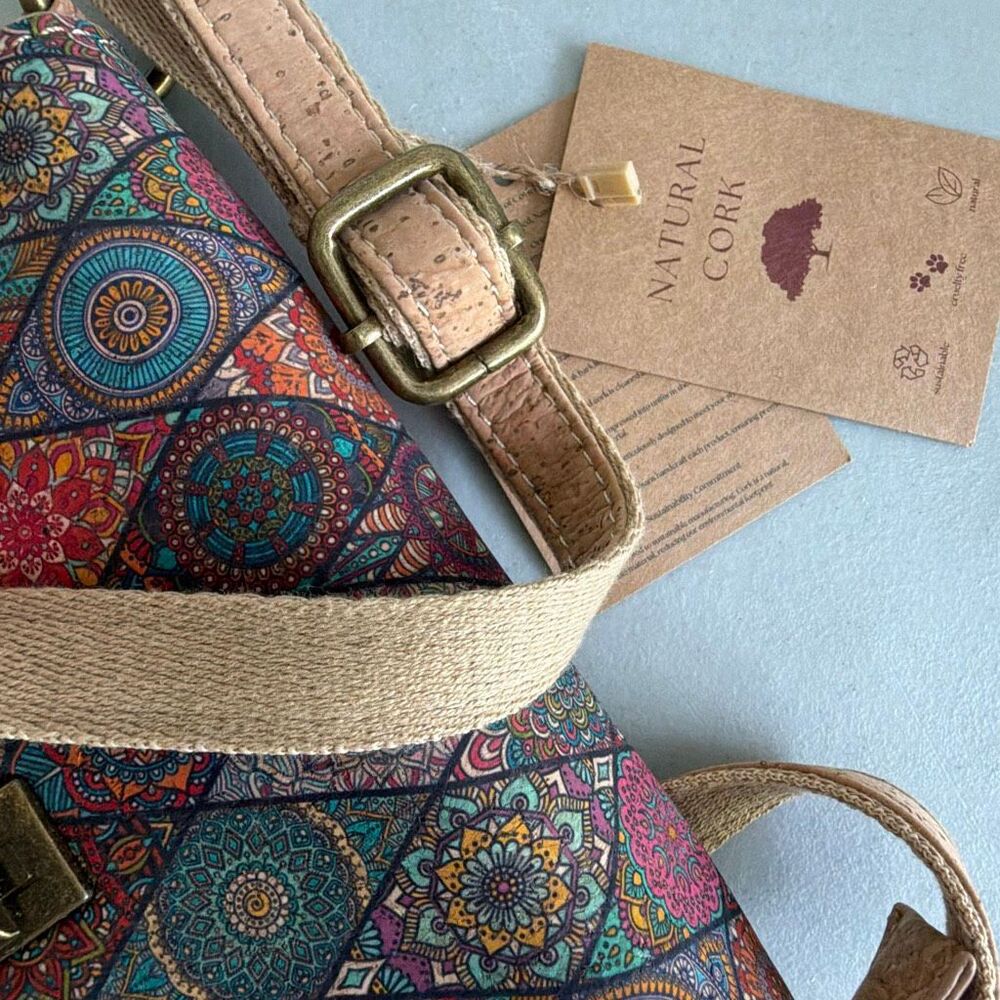 Natural Cork Crossbody Bag Portugal Boho Mandala Vegan Small Shoulder Purse New - Picture 7 of 13